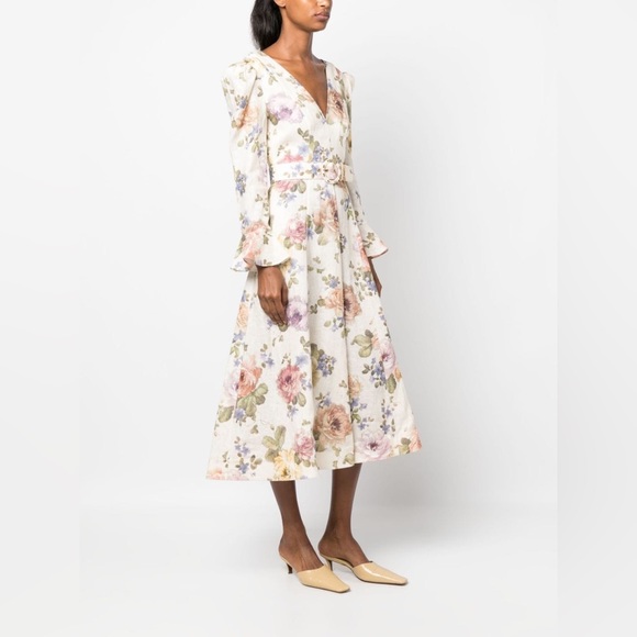 NWT Zimmermann Luminosity Belted Linen Midi Dress Beige Floral | ZIM 0 / US XS - Picture 2 of 13